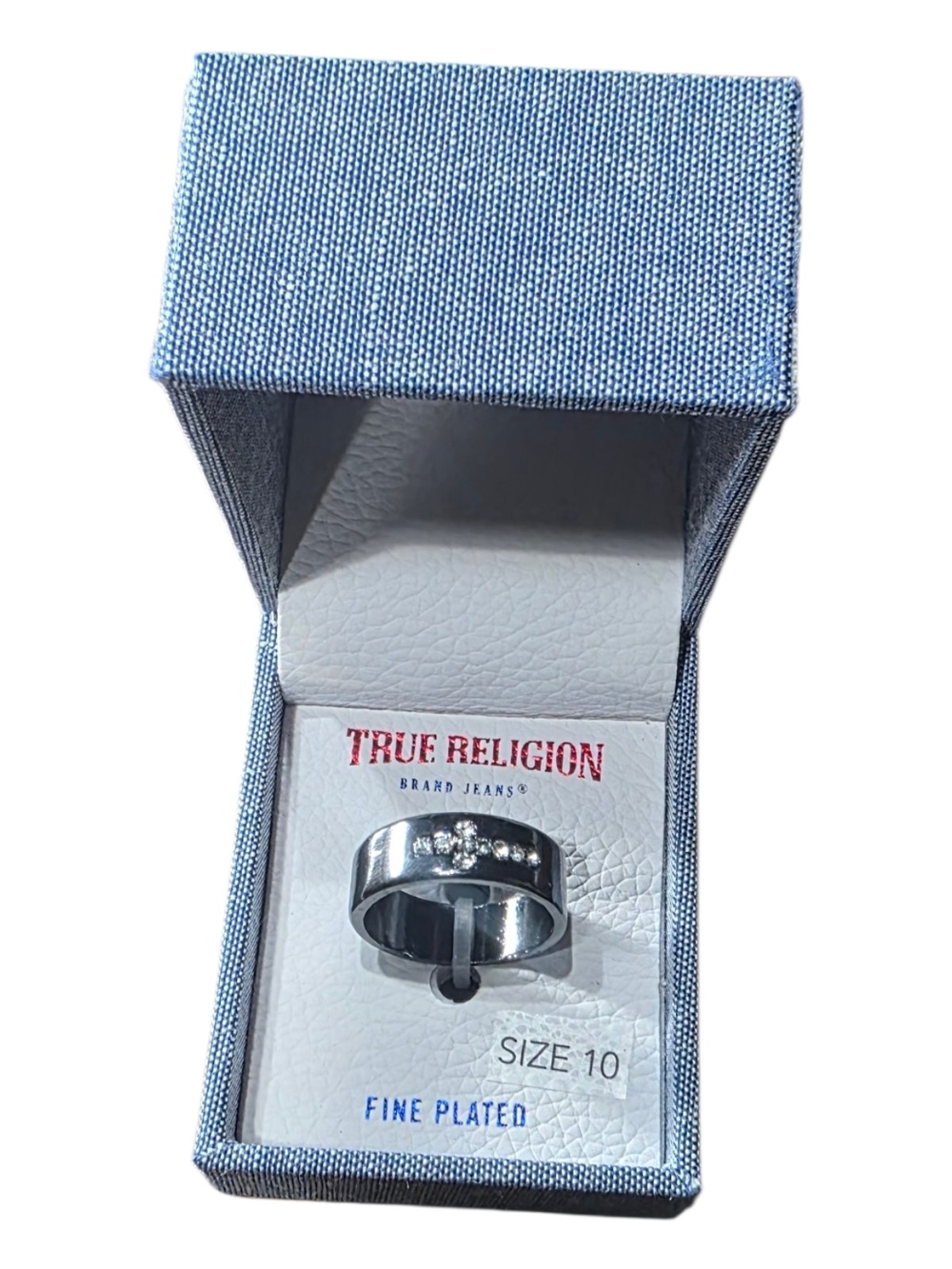 True Religion Silver Tone Men's Ring with Clear Accent Stones Size 10